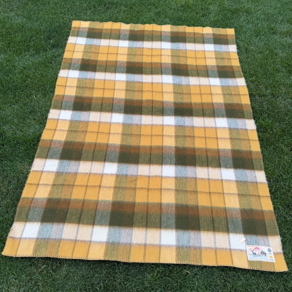 Vintage AaBe Holland Pure Wool Blanket Hudson's Detroit Plaid Yellow Green 60x83